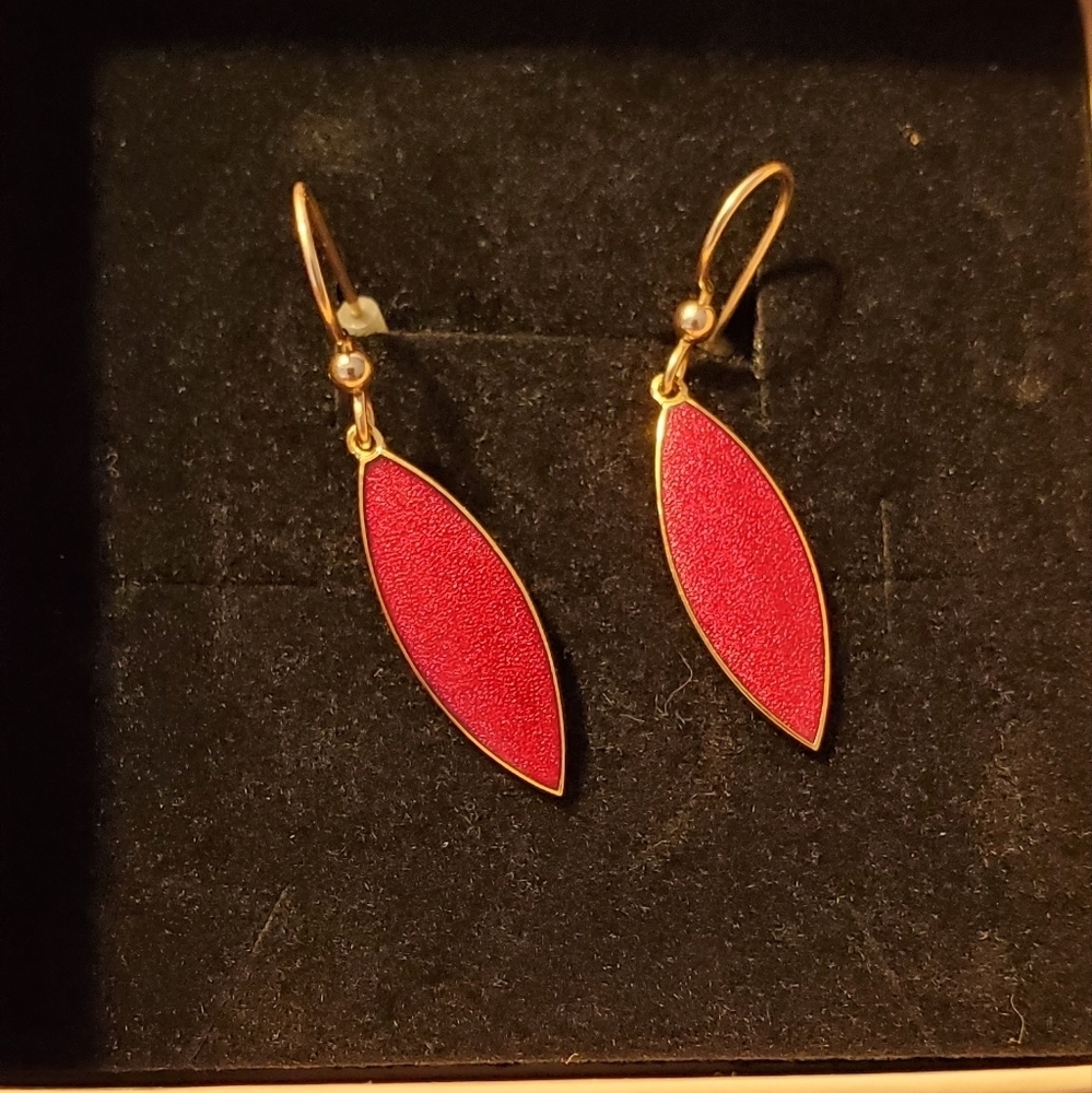 Vintage Skyes Signed Red Enamel Teardrop W Goldtone Earrings